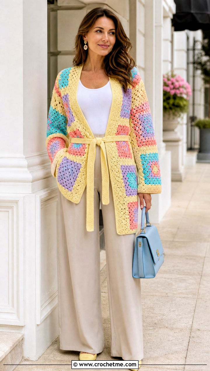 Belted Granny Square Cardigan With Wide Leg Pants - 25 pastel granny square cardigan outfit ideas
