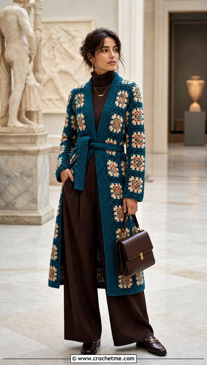 Belted Granny Square Coat With Turtleneck And Pleated Trousers - 15 crochet granny square afghan style coat cardigan outfit ideas