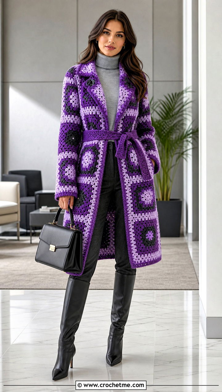 Belted Granny Square Coat With Turtleneck And Trousers - 30 crochet granny square coat outfit ideas