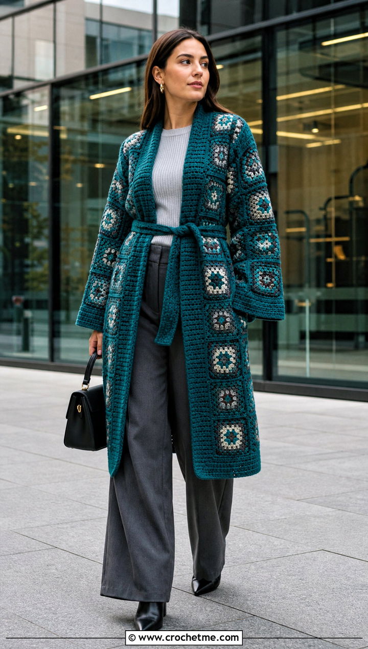 Belted Granny Square Coat With Wide Leg Trousers - 30 granny square coat outfit ideas