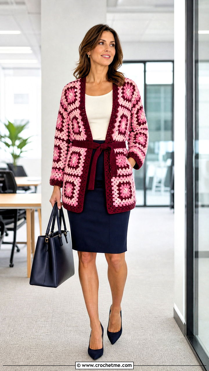 Belted Granny Square Crochet Cardigan With Pencil Skirt - 35 granny square crochet cardigan outfit ideas