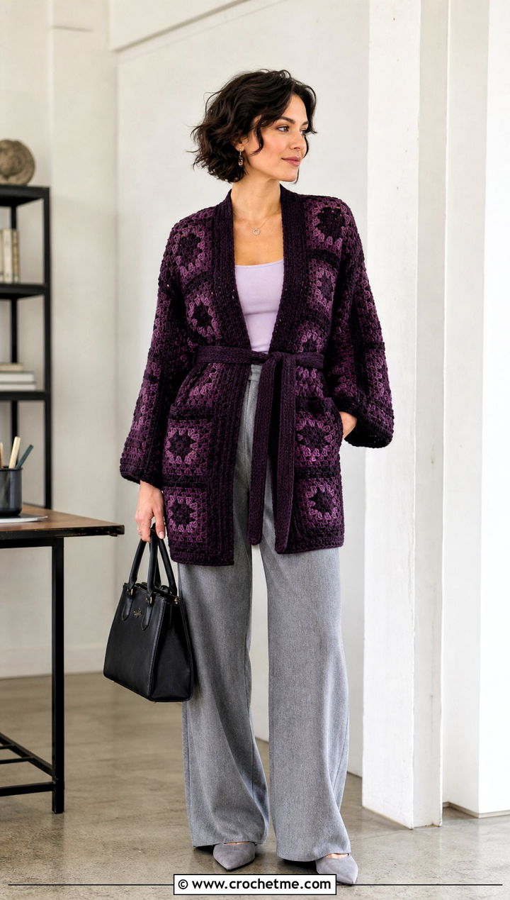 Belted Granny Square Crochet Cardigan With Wide Leg Pants - 25 Crochet Cardigan From Square outfit ideas