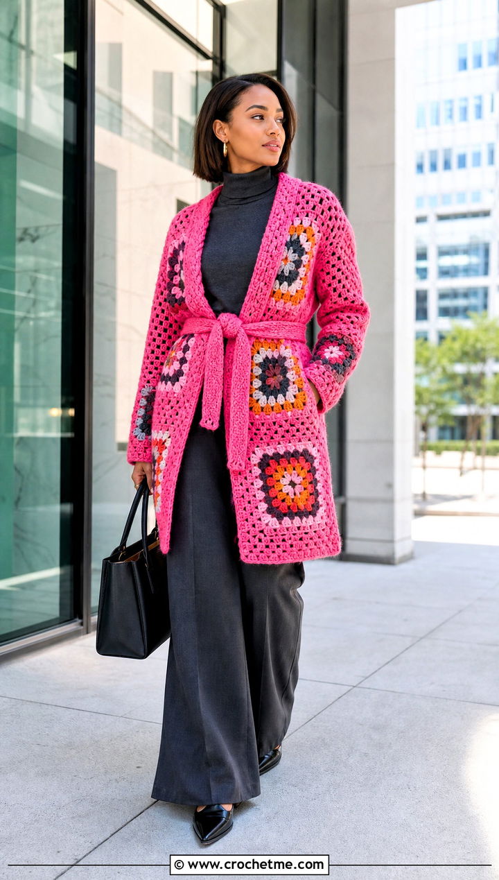 Belted Granny Square Crochet Coat With Wide Leg Trousers - 25 Granny Square Crochet Coat outfit ideas