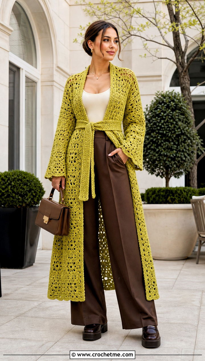 Belted Granny Square Crochet Duster With Wide Leg Trousers - 15 Granny Square Crochet Duster outfit ideas