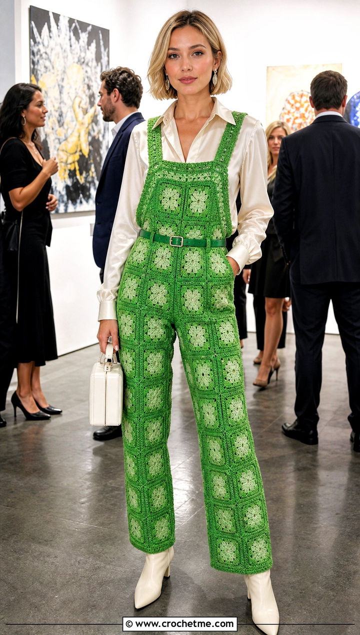 Belted Granny Square Crochet Overalls With Satin Blouse - 20 Granny Square Crochet Overalls outfit ideas