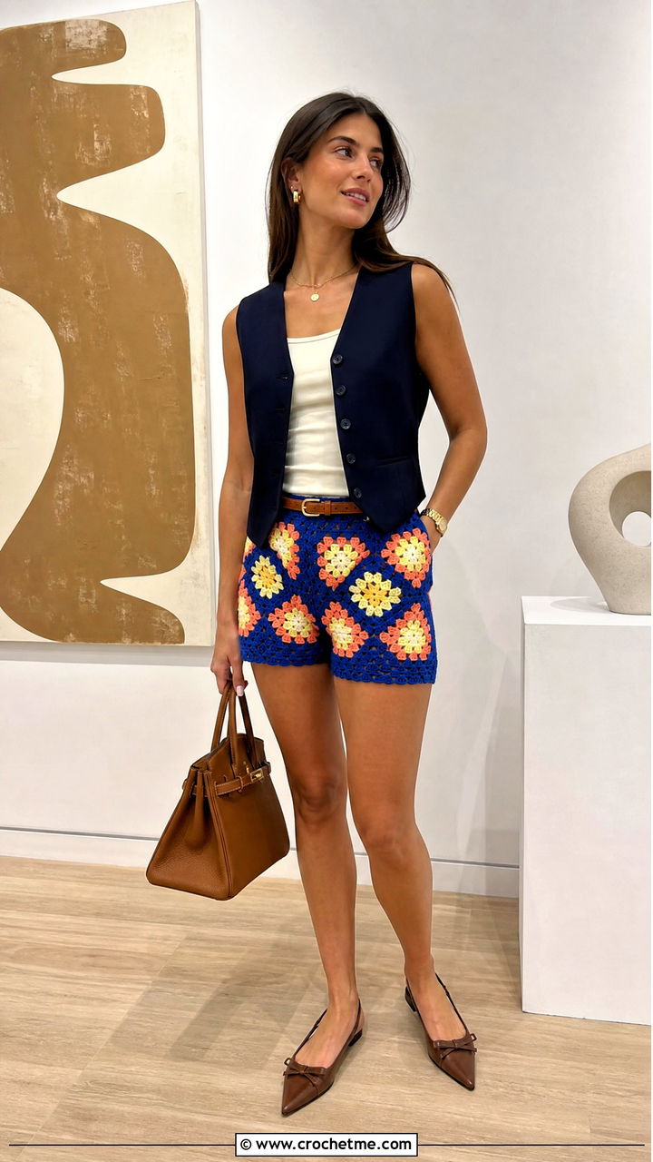 Belted Granny Square Crochet Shorts With Tailored Waistcoat - 35 granny square crochet shorts outfit ideas