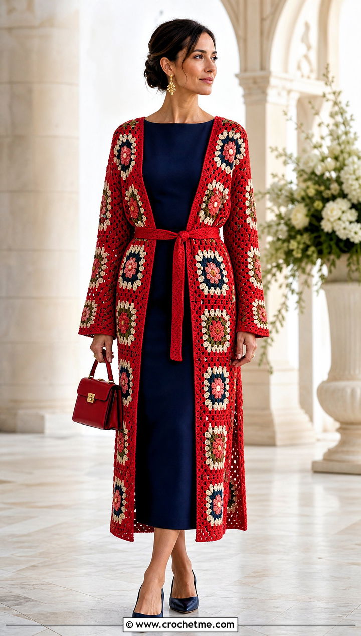 Belted Granny Square Duster With Column Dress - 25 Crochet Granny Square Duster outfit ideas