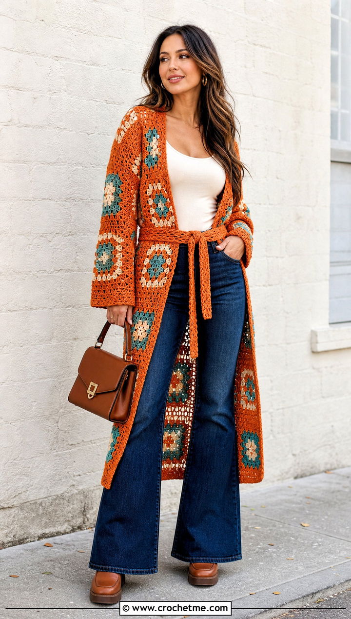 Belted Granny Square Duster With Flared Jeans - 35 granny square duster outfit ideas