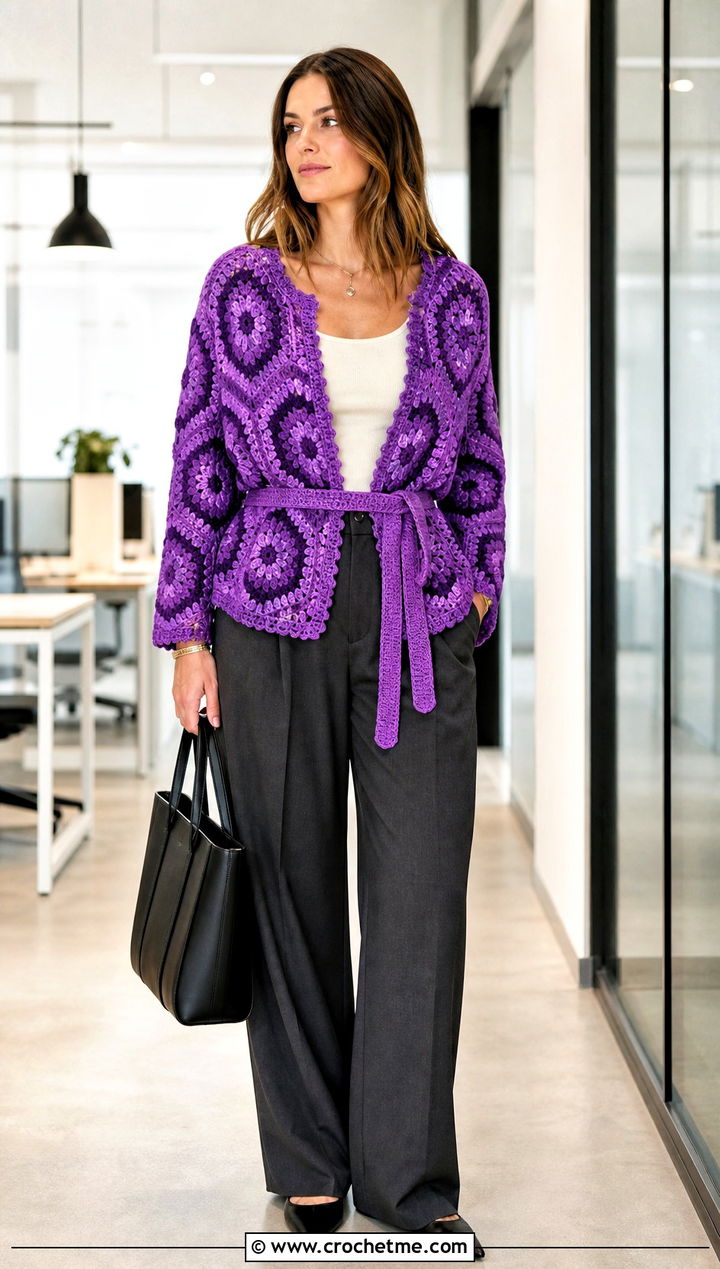 Belted Granny Square Hexagon Cardigan With Tailored Trousers - 35 granny square hexagon cardigan outfit ideas