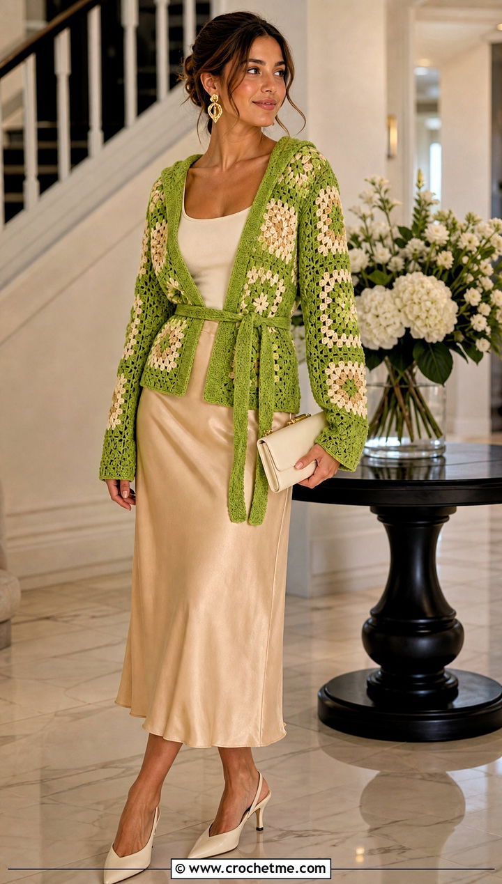 Belted Granny Square Hooded Cardigan With Satin Midi Skirt - 25 Granny Square Hooded Cardigan outfit ideas