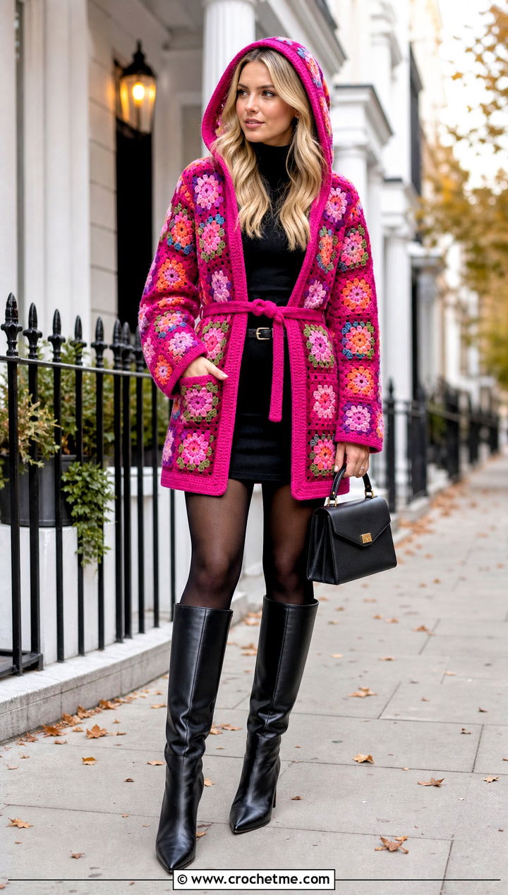 Belted Granny Square Hooded Jacket With Knee High Boots - 25 Granny Square Hooded Jacket outfit ideas