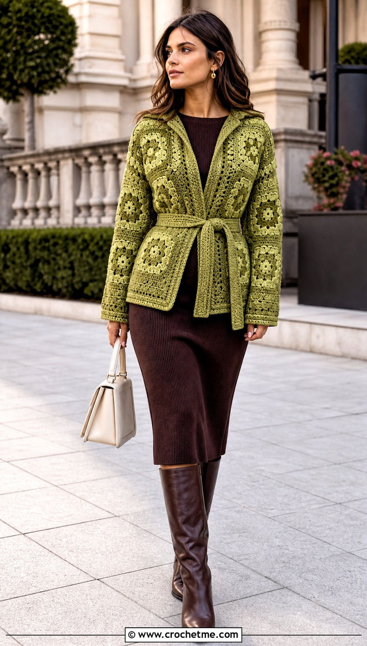 Belted Granny Square Jacket With Knit Dress - 30 crochet granny square jacket outfit ideas