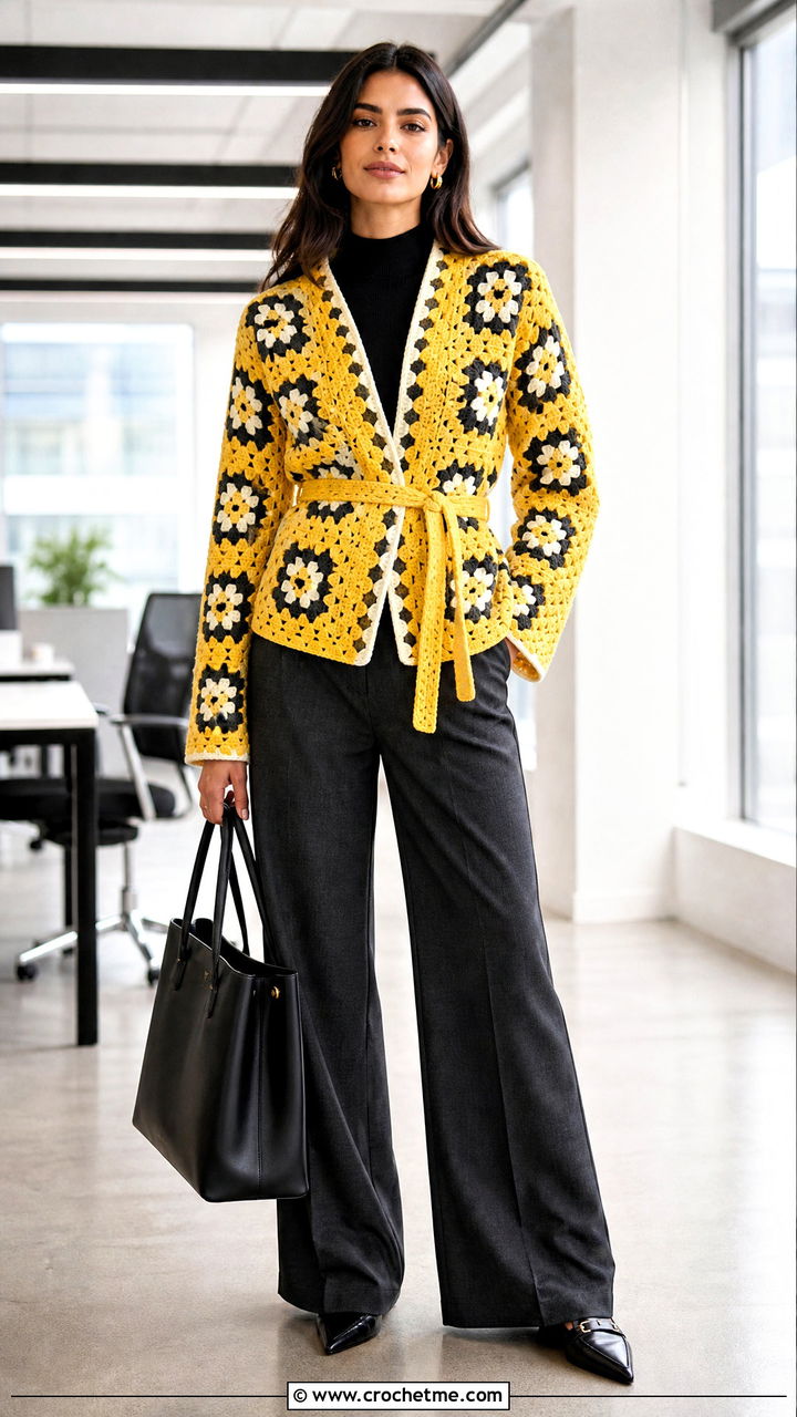 Belted Granny Square Jacket With Tailored Trousers - 35 granny square jacket outfit ideas