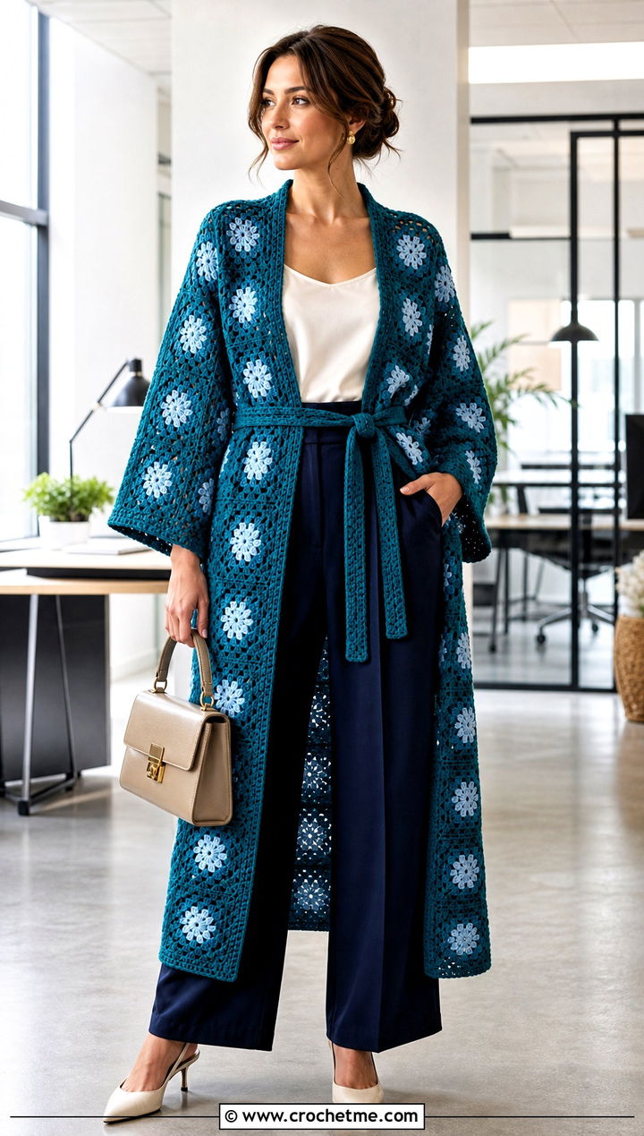 Belted Granny Square Kimono With Tailored Trousers - 30 granny square kimono outfit ideas