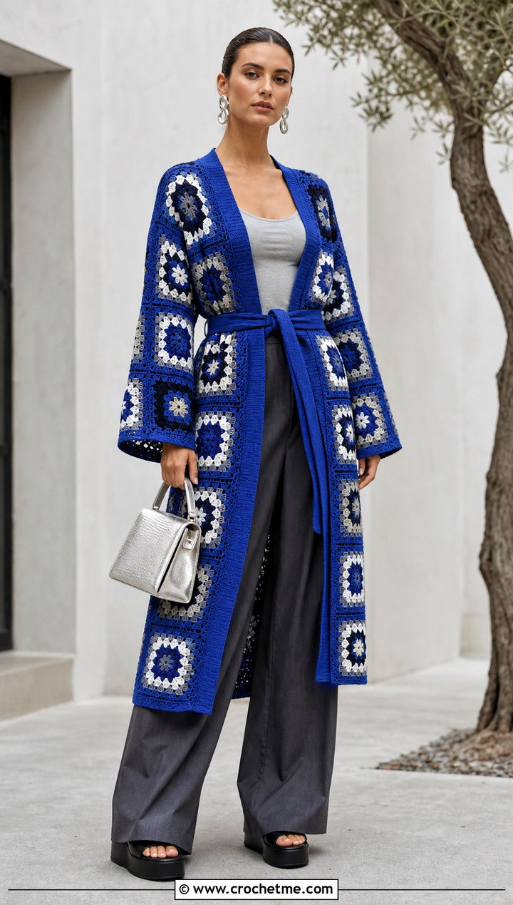 Belted Granny Square Kimono With Wide Leg Pants - 15 crochet granny square kimono outfit ideas