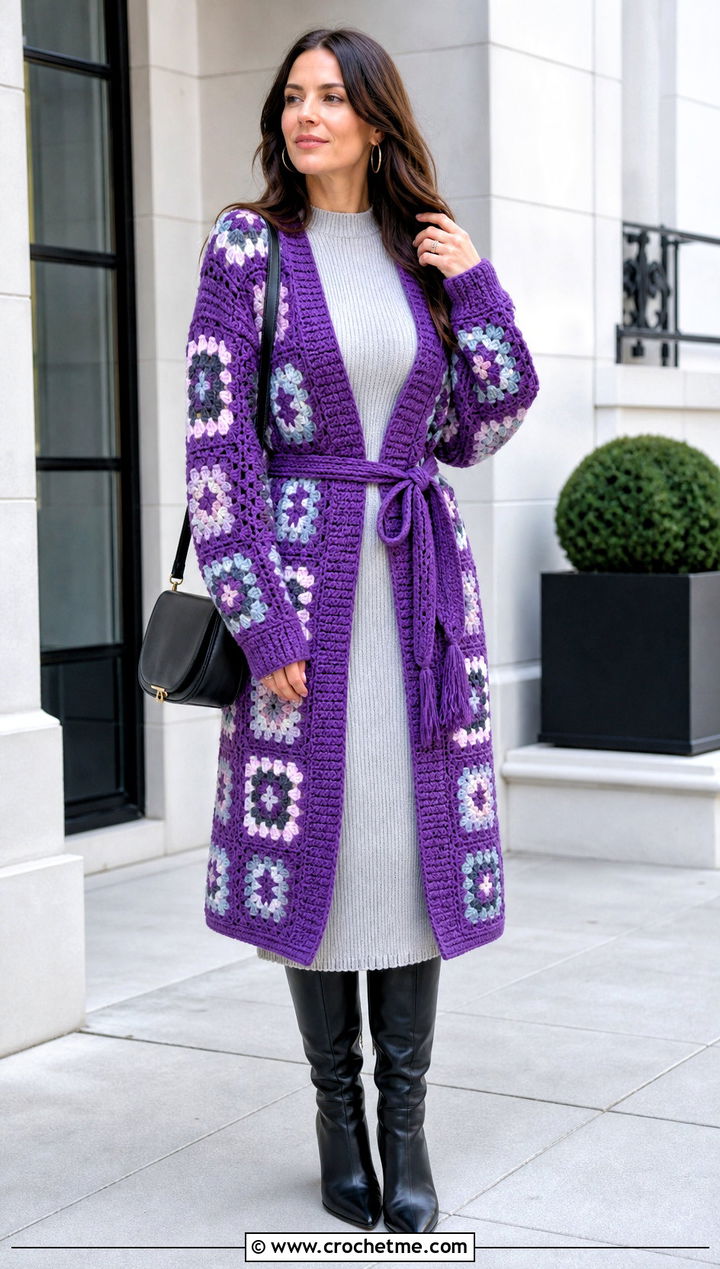 Belted Granny Square Long Cardigan With Knit Dress - 25 crochet granny square long cardigan outfit ideas