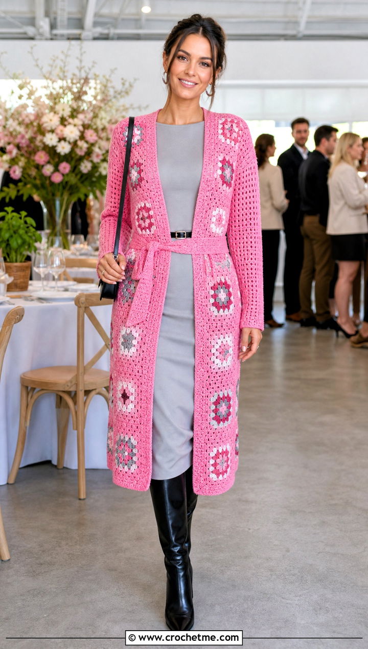 Belted Granny Square Long Cardigan With Midi Dress - 25 granny square long cardigan outfit ideas