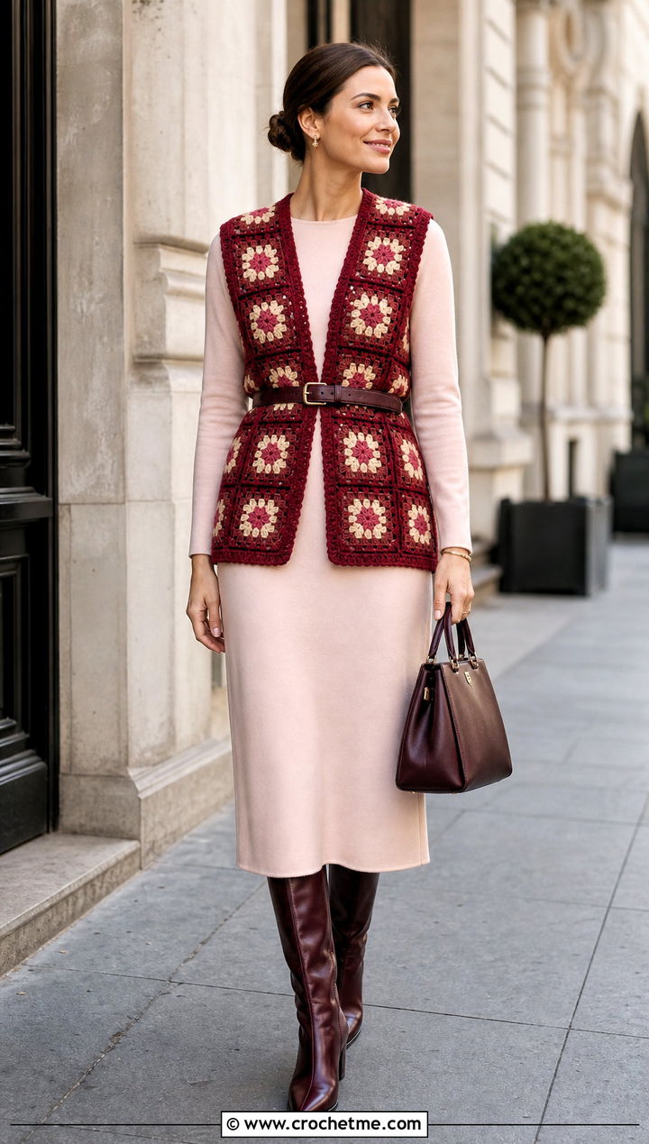 Belted Granny Square Open Vest With Column Dress - 25 granny square open vest outfit ideas