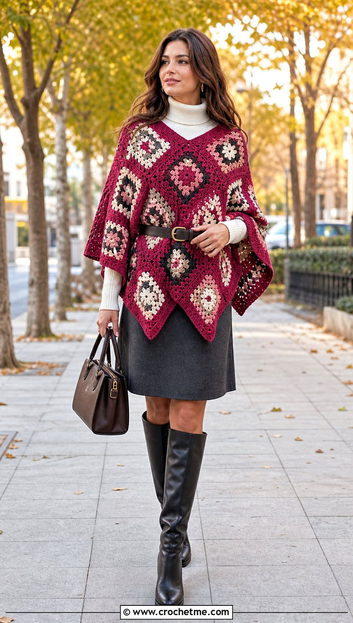 Belted Granny Square Poncho With Knee High Boots - 15 easy granny square poncho outfit ideas