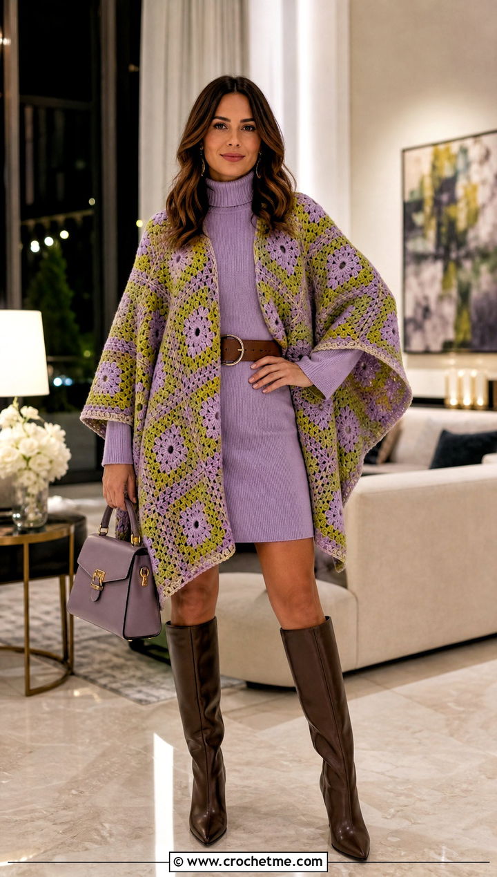 Belted Granny Square Poncho With Knee High Boots - 35 granny square poncho outfit ideas
