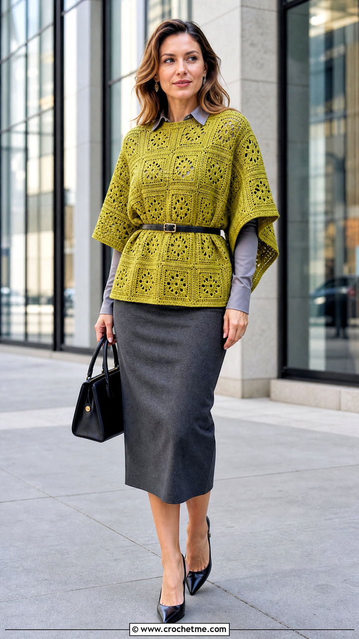 Belted Granny Square Poncho With Pencil Skirt - 35 crochet granny square poncho outfit ideas