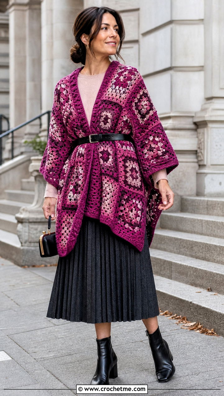 Belted Granny Square Poncho With Pleated Midi Skirt - 25 Granny Squares Poncho outfit ideas