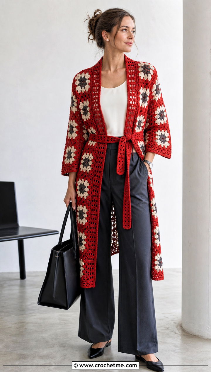 Belted Granny Square Robe With Wide Leg Trousers - 20 granny square robe outfit ideas