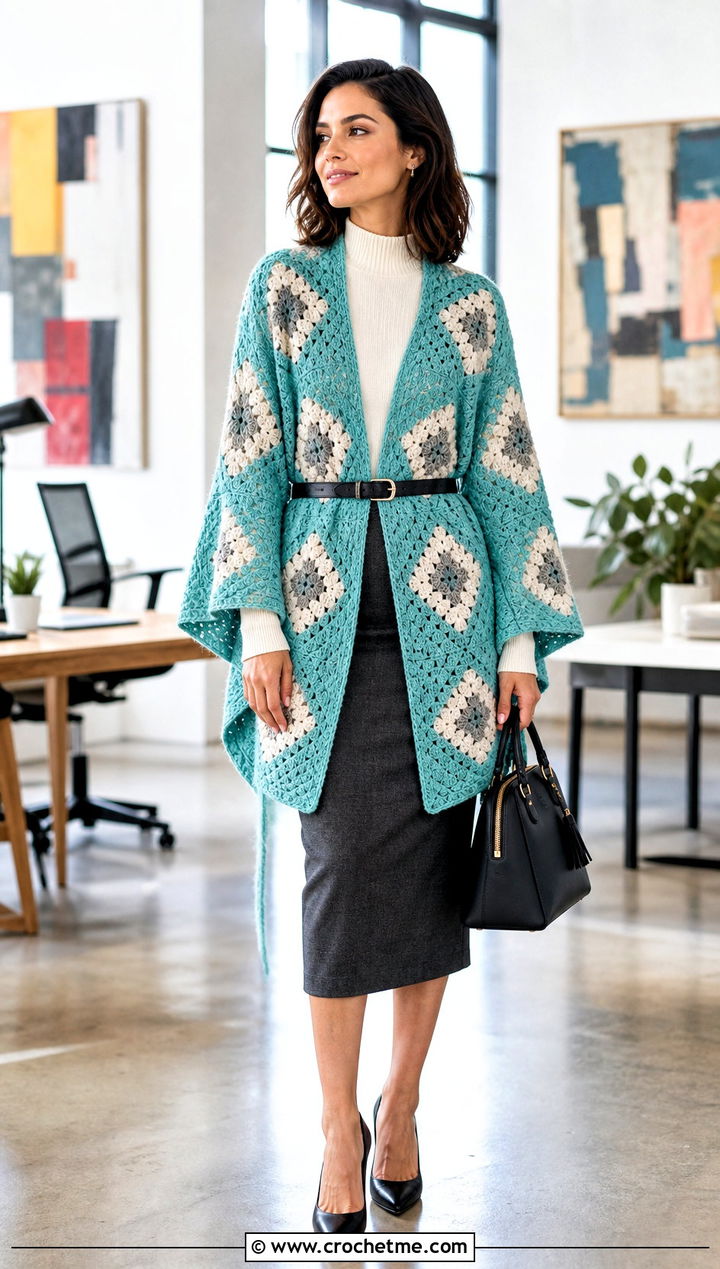 Belted Granny Square Ruana With Pencil Skirt - 30 granny square wrap outfit ideas