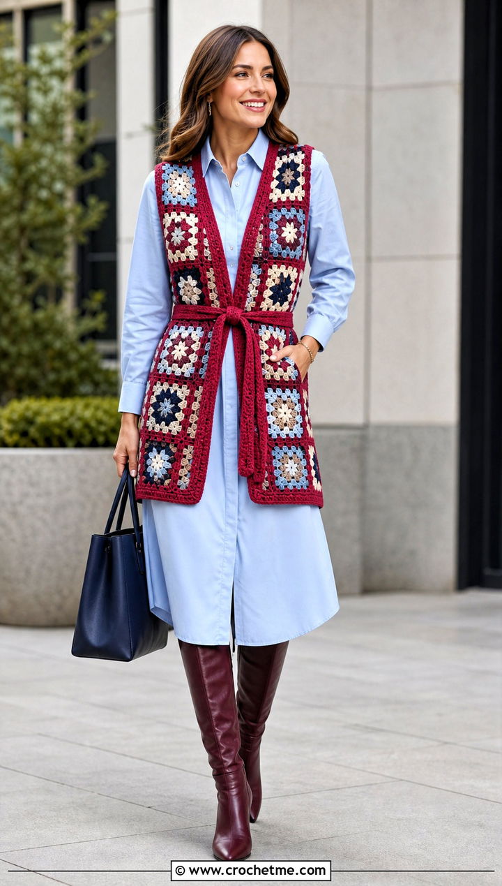Belted Granny Square Sleeveless Cardigan With Shirt Dress - 30 granny square sleeveless cardigan outfit ideas