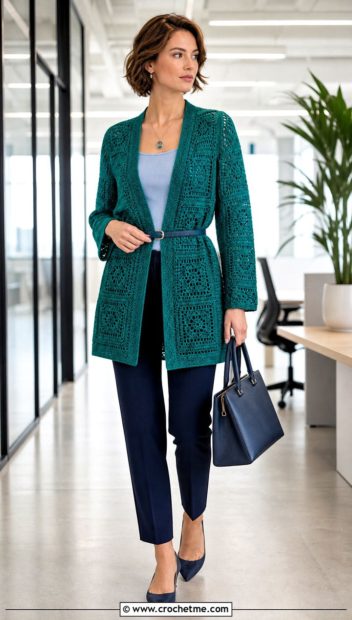 Belted Granny Square Summer Cardigan With Straight Leg Pants - 30 granny square summer cardigan outfit ideas