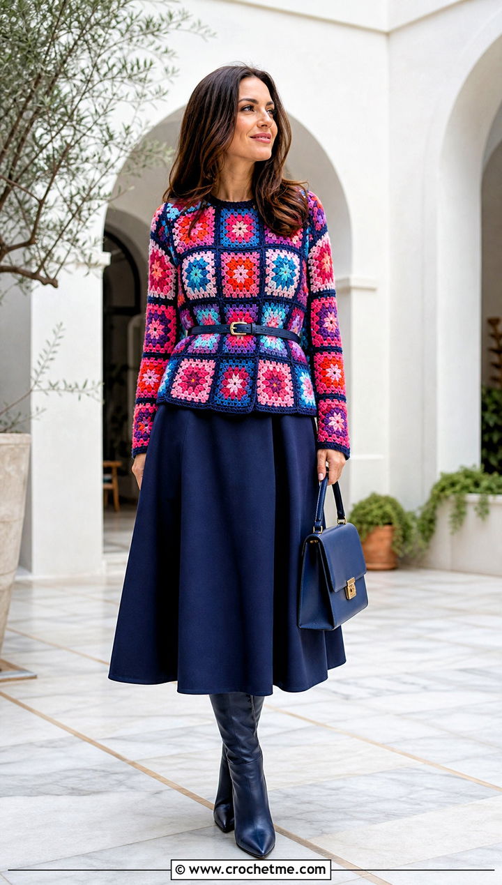 Belted Granny Square Sweater With A Line Midi Skirt - 35 Crochet Square Sweater outfit ideas
