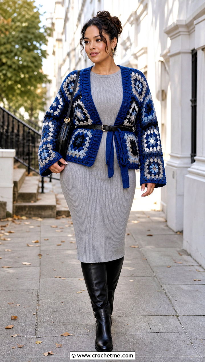 Belted Granny Square Tie Cardigan With Ribbed Knit Dress - 25 Granny Square Tie Cardigan outfit ideas