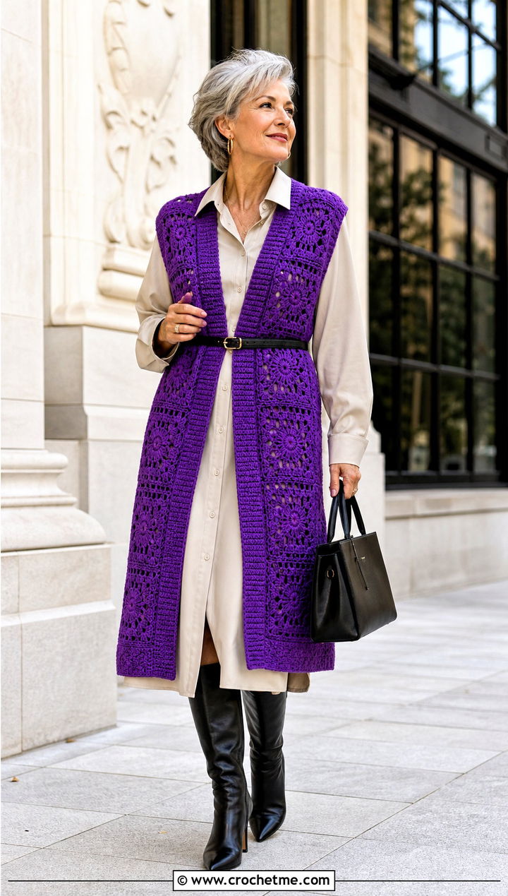 Belted Granny Square Vest With Shirt Dress - 25 Granny Squares Vest outfit ideas