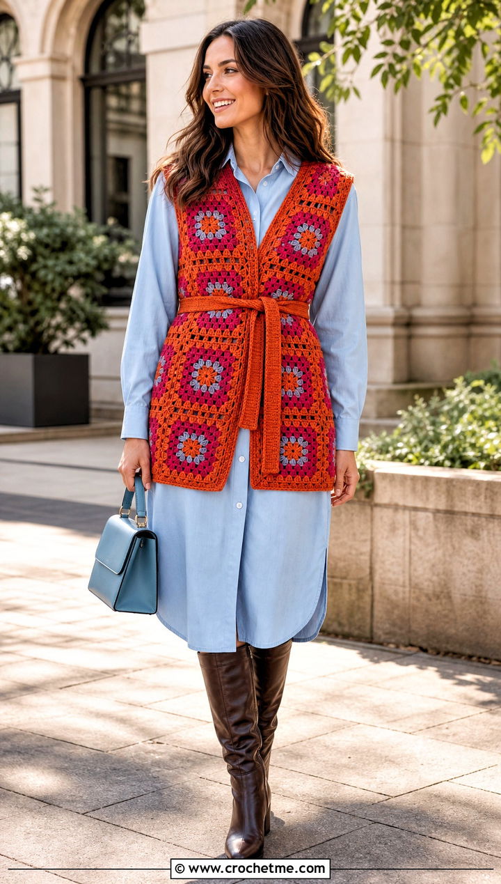 Belted Granny Square Waistcoat Over a Shirt Dress - 35 granny square waistcoat outfit ideas