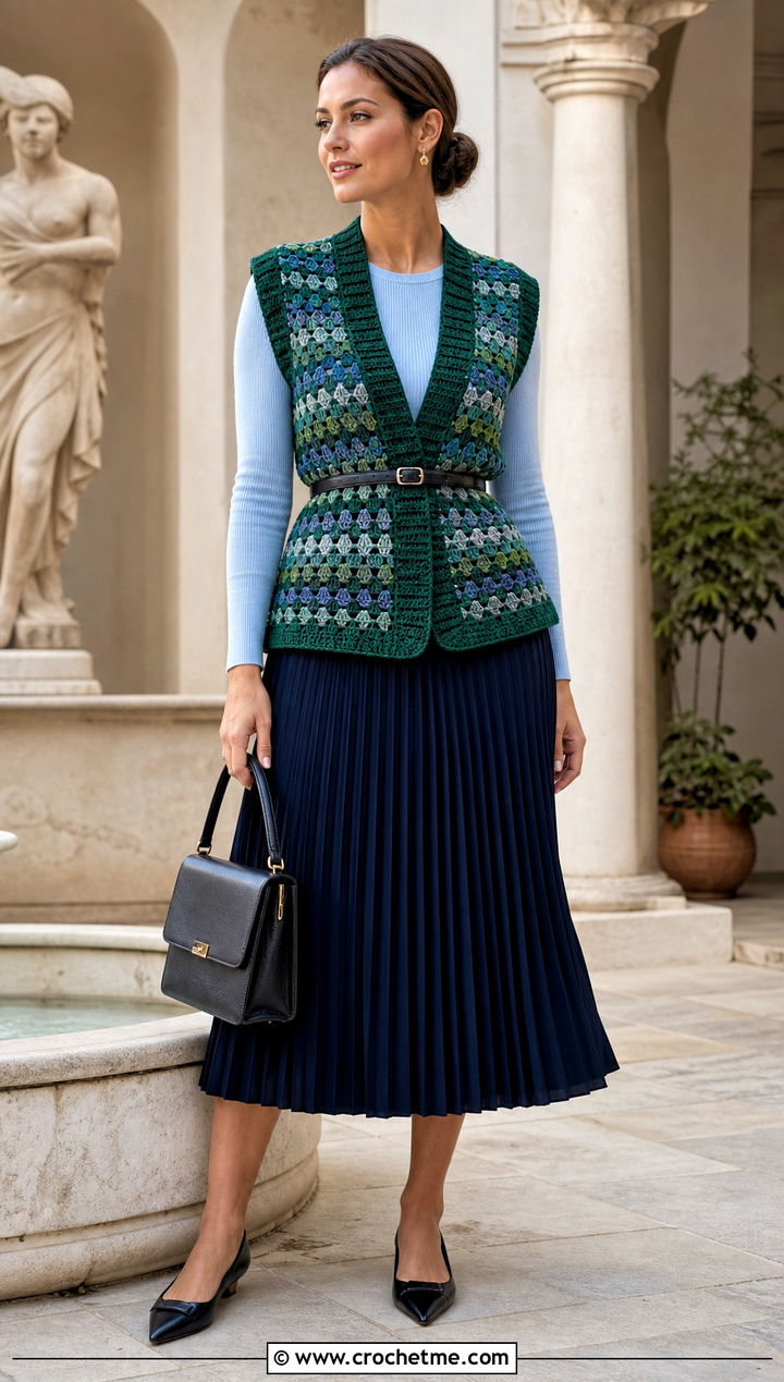 Belted Granny Stripe Crochet Vest With Pleated Midi Skirt - 15 granny stripe crochet vest outfit ideas