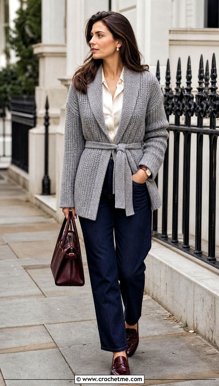 Belted Gray Crochet Cardigan With Straight Leg Jeans - 15 Gray Crochet Cardigan outfit ideas