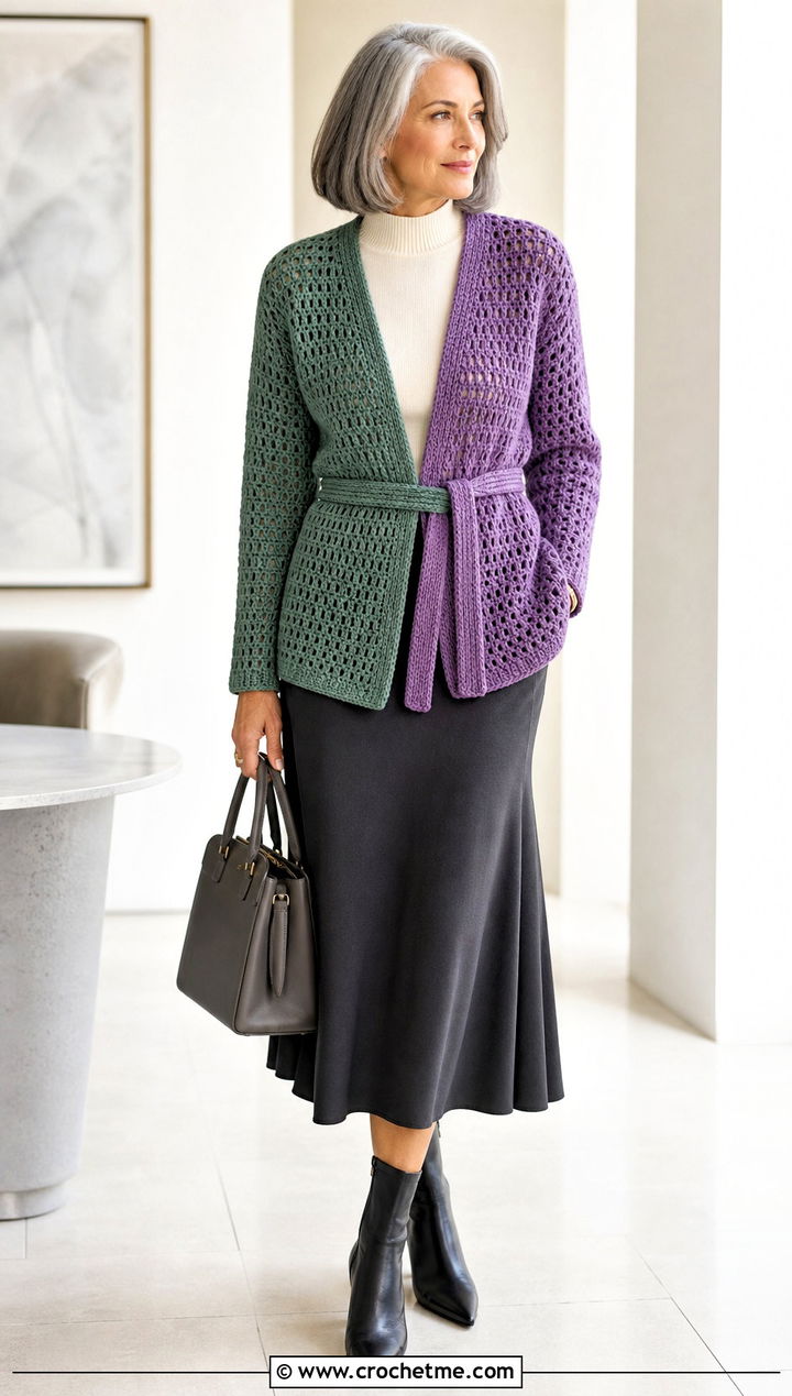 Belted Half And Half Crochet Cardigan With Midi Skirt - 20 Half And Half Crochet Cardigan outfit ideas