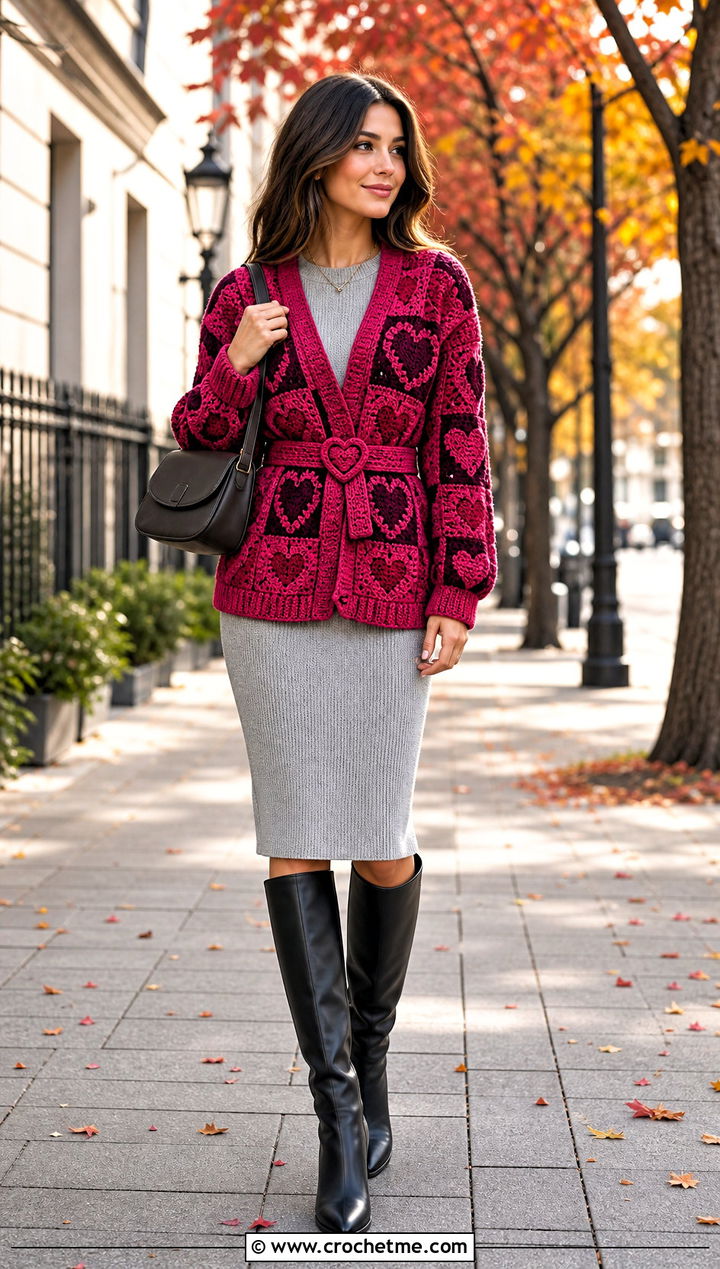 Belted Heart Cardigan With Knit Dress - 35 crochet heart cardigan outfit ideas