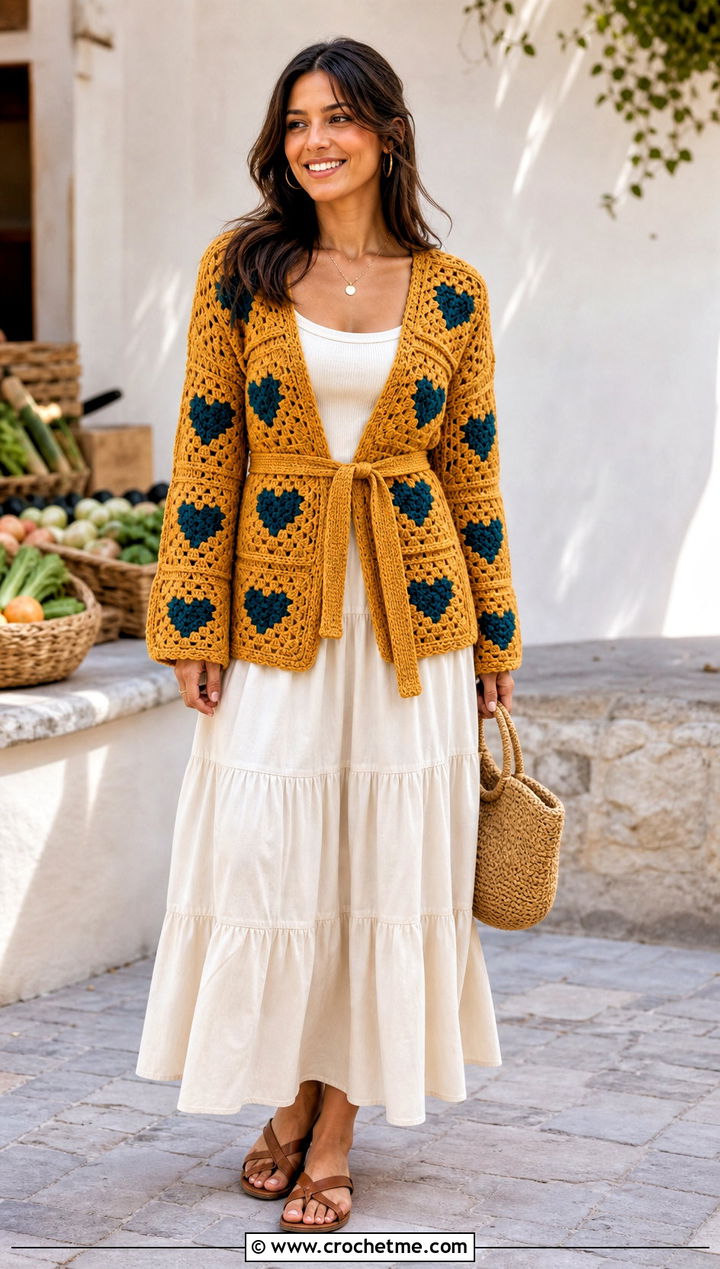 Belted Heart Granny Square Cardigan With Tiered Maxi Skirt - 35 Heart Granny Square Cardigan outfit ideas