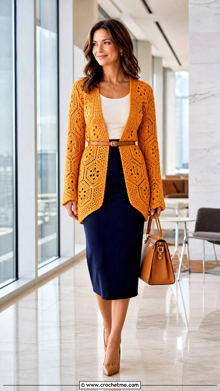 Belted Hexagon Cardigan With Pencil Skirt - 35 crochet hexagon sweater outfit ideas
