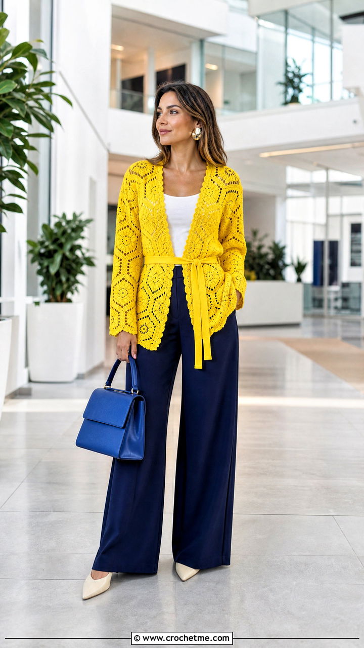 Belted Hexagon Crochet Cardigan With Wide Leg Trousers - 35 hexagon crochet cardigan outfit ideas