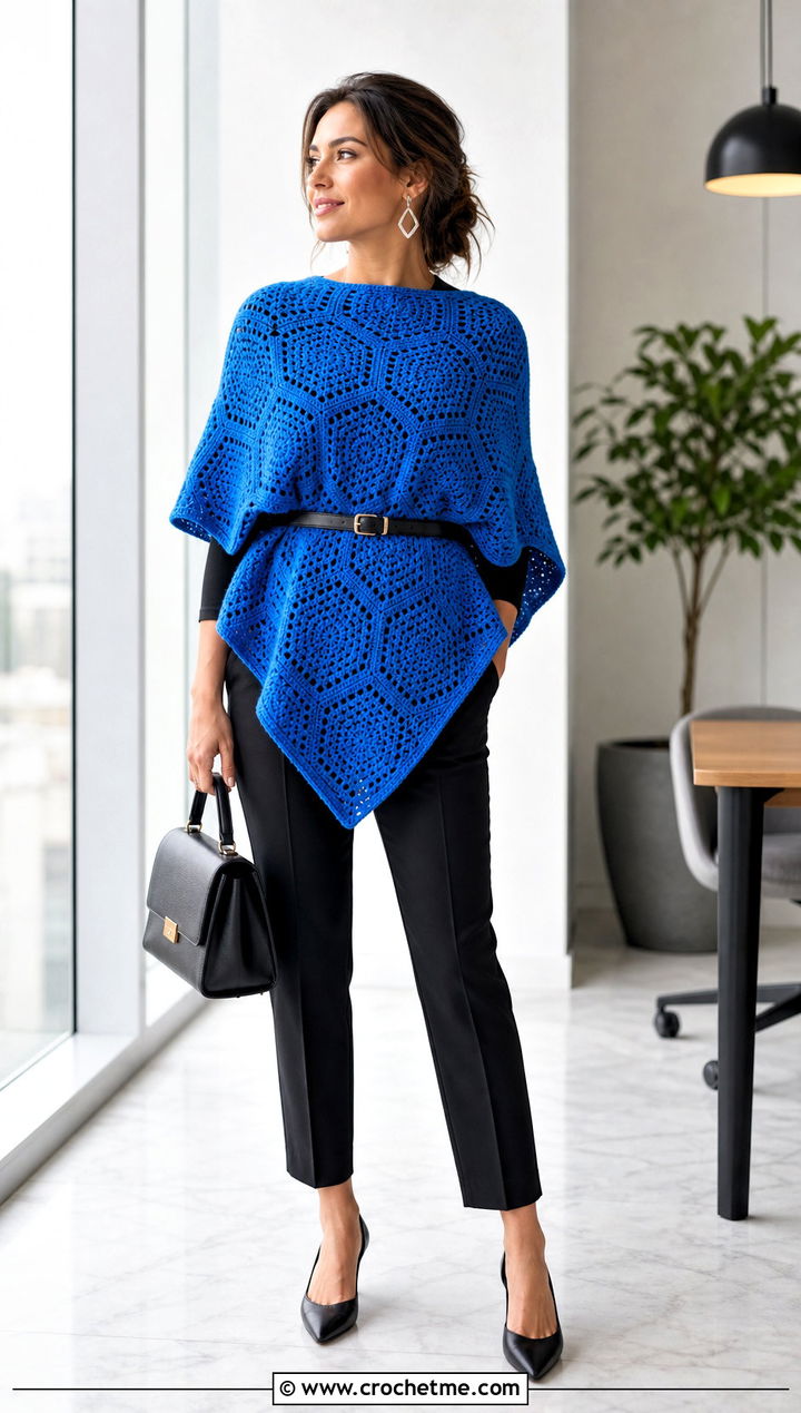 Belted Hexagon Crochet Poncho With Straight Trousers - 20 Hexagon Crochet Poncho outfit ideas
