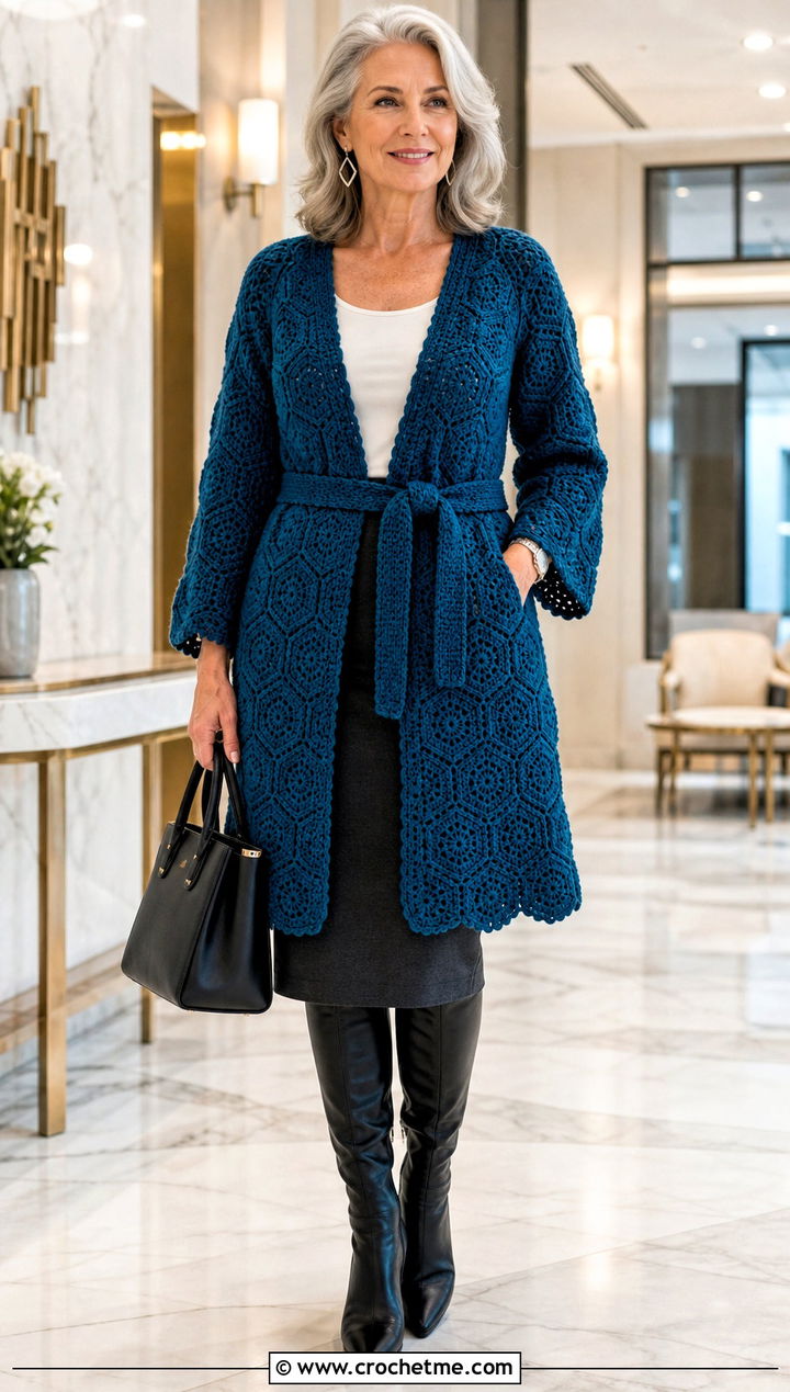Belted Hexi Cardigan With Pencil Skirt - 35 crochet hexi cardigan outfit ideas