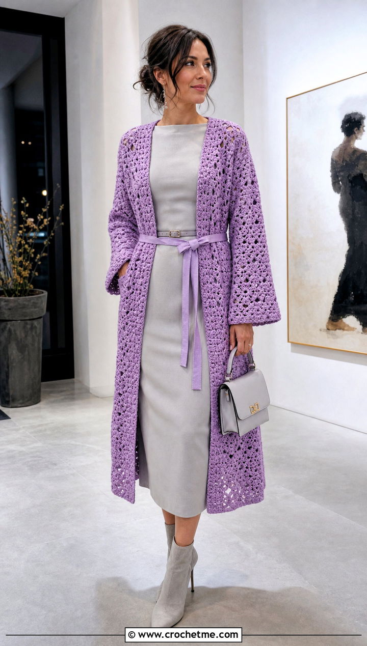 Belted Hexi Crochet Cardigan With Column Dress - 35 hexi crochet cardigan outfit ideas