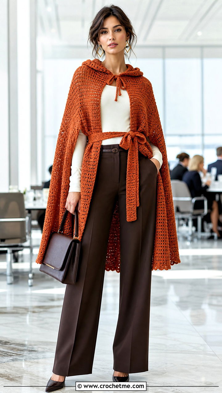 Belted Hooded Crochet Cape With Trousers And Bodysuit - 25 Hooded Crochet Cape outfit ideas