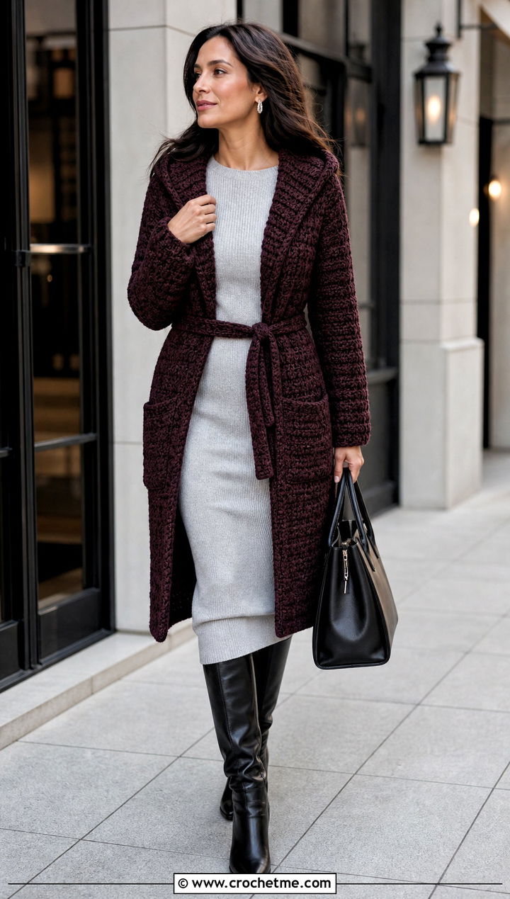 Belted Hooded Crochet Cardigan With Midi Knit Dress - 35 hooded crochet cardigan outfit ideas