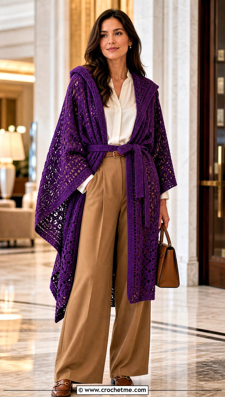 Belted Hooded Crochet Ruana With Pleated Trousers - 20 Hooded Crochet Ruana outfit ideas