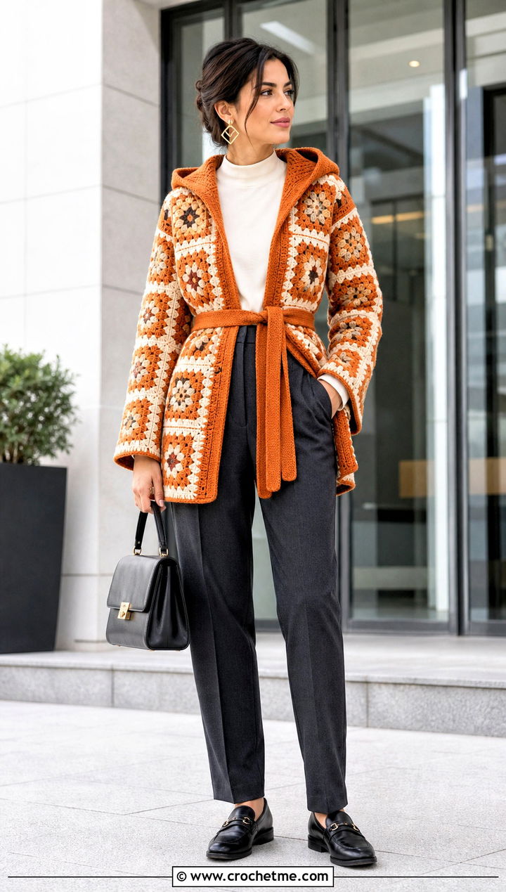 Belted Hooded Granny Square Cardigan With Tailored Trousers - 30 granny square cardigan with hood outfit ideas