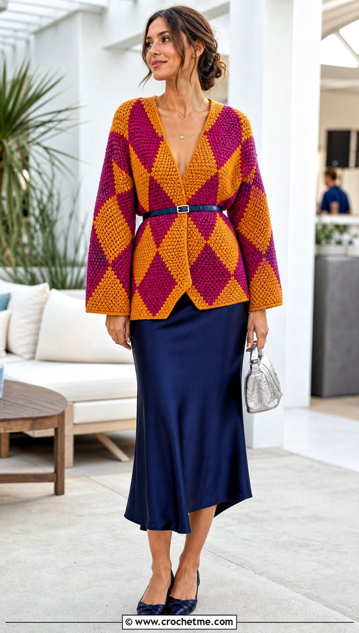 Belted Howl Crochet Cardigan With Satin Midi Skirt - 25 Howl Crochet Cardigan outfit ideas