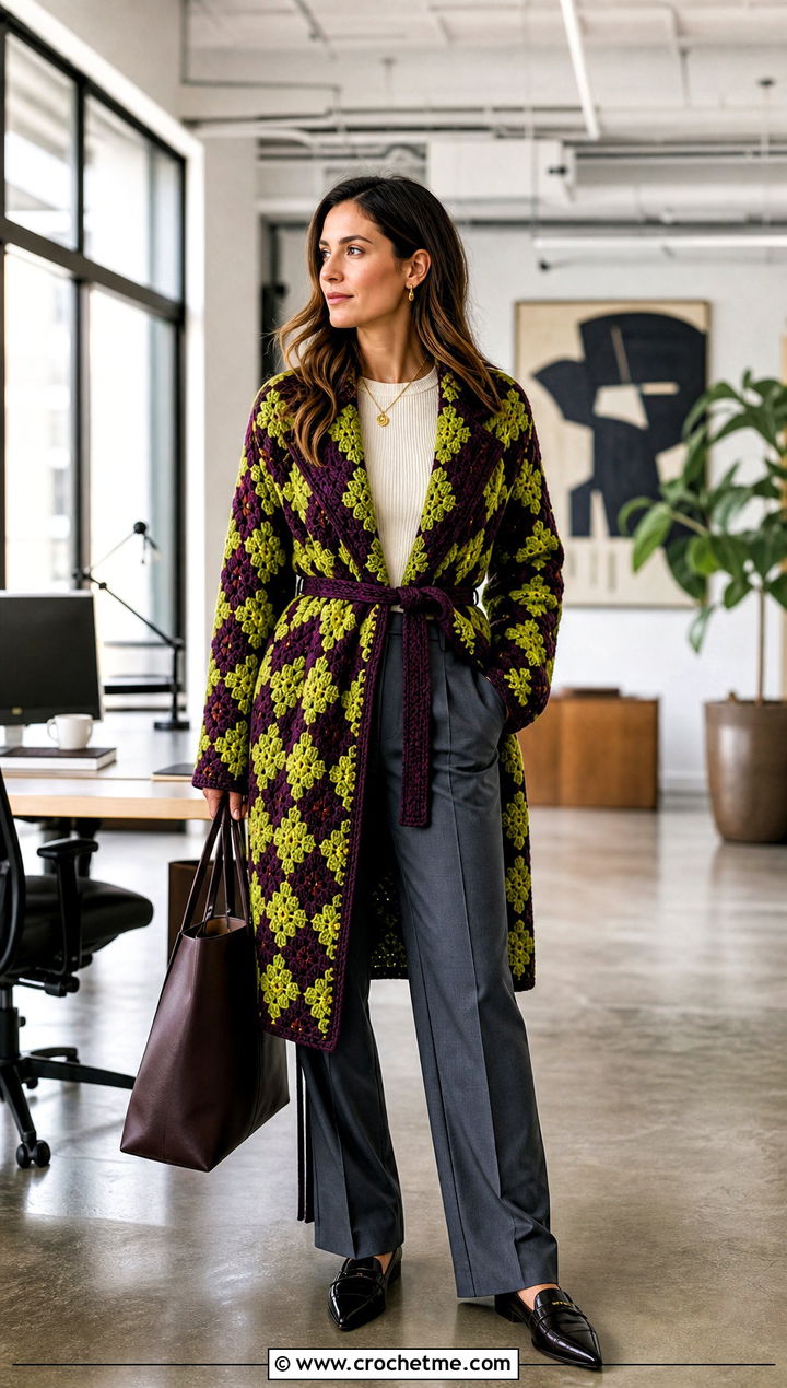 Belted Howl Crochet Coat With Tailored Trousers - 25 howl crochet coat outfit ideas